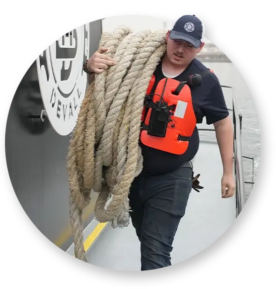 A Southern Devall deckhand carrying rope