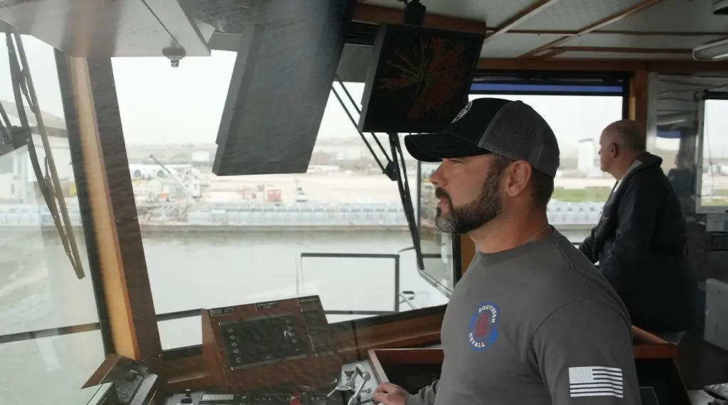 A Southern Devall Crewman looking out the window at the helm of a barge