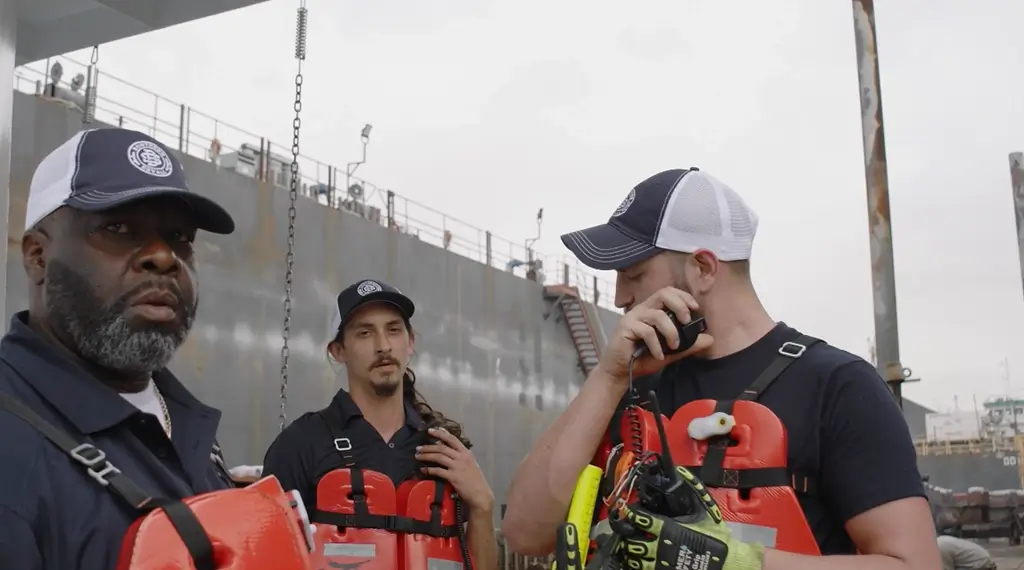 Three Southern Devall deckhands getting on their walkie talkies