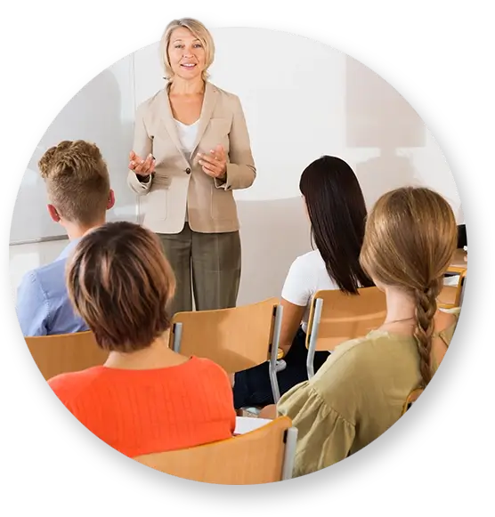 A Southern Devall employee speaking in front of a classroom of students